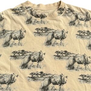 Ecko Unltd Rhino Print Shirt Mens L Beige Graphic All Over Safari Tee Bold Retro